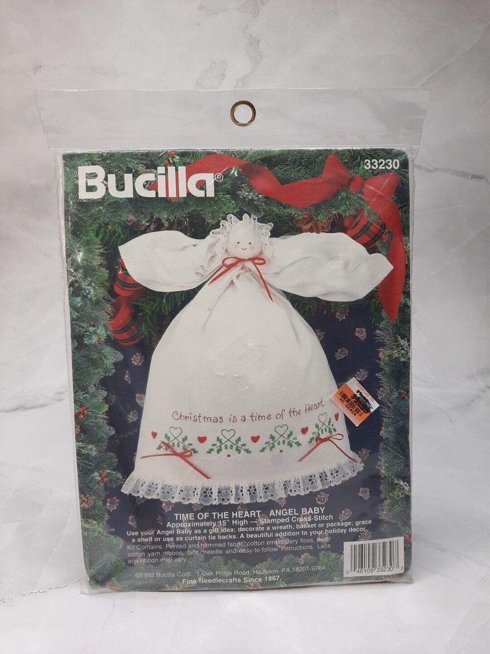 Vintage Bucilla Stamped Cross Stitch Time Of The Heart Angel Baby Kit 33230 15"